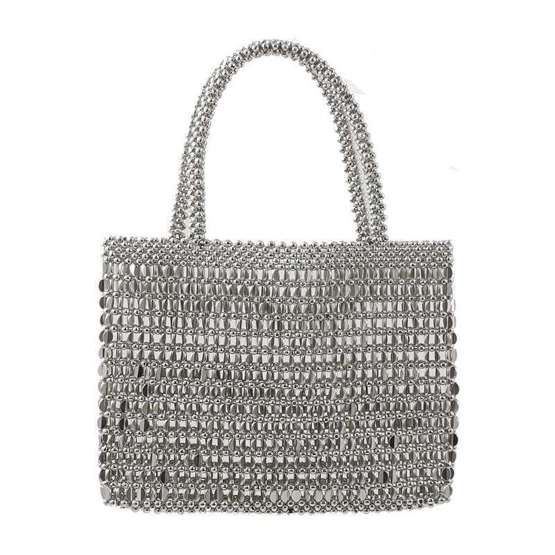 Vintage Handmade Ladies Weave Beaded Fashion Sier Color Shining Sequin Shoulder Bag Clutches Womens Party Handbag