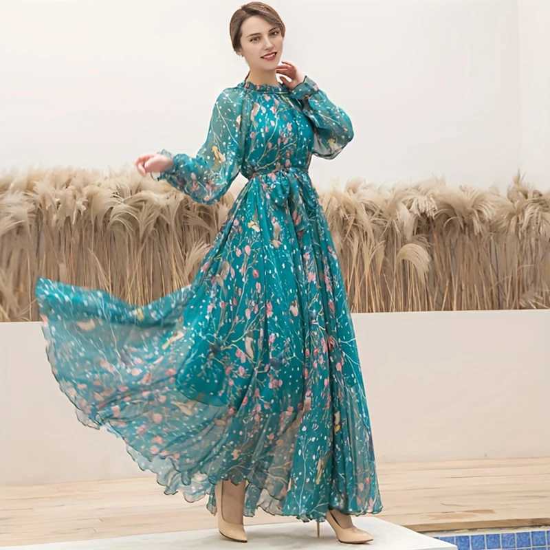 2024 Boho Floral Print Party Dress Women Vestidos Elegant Fashion Loose Chiffon Long Slve Muslim Abaya Islamic Clothing Robes X250514