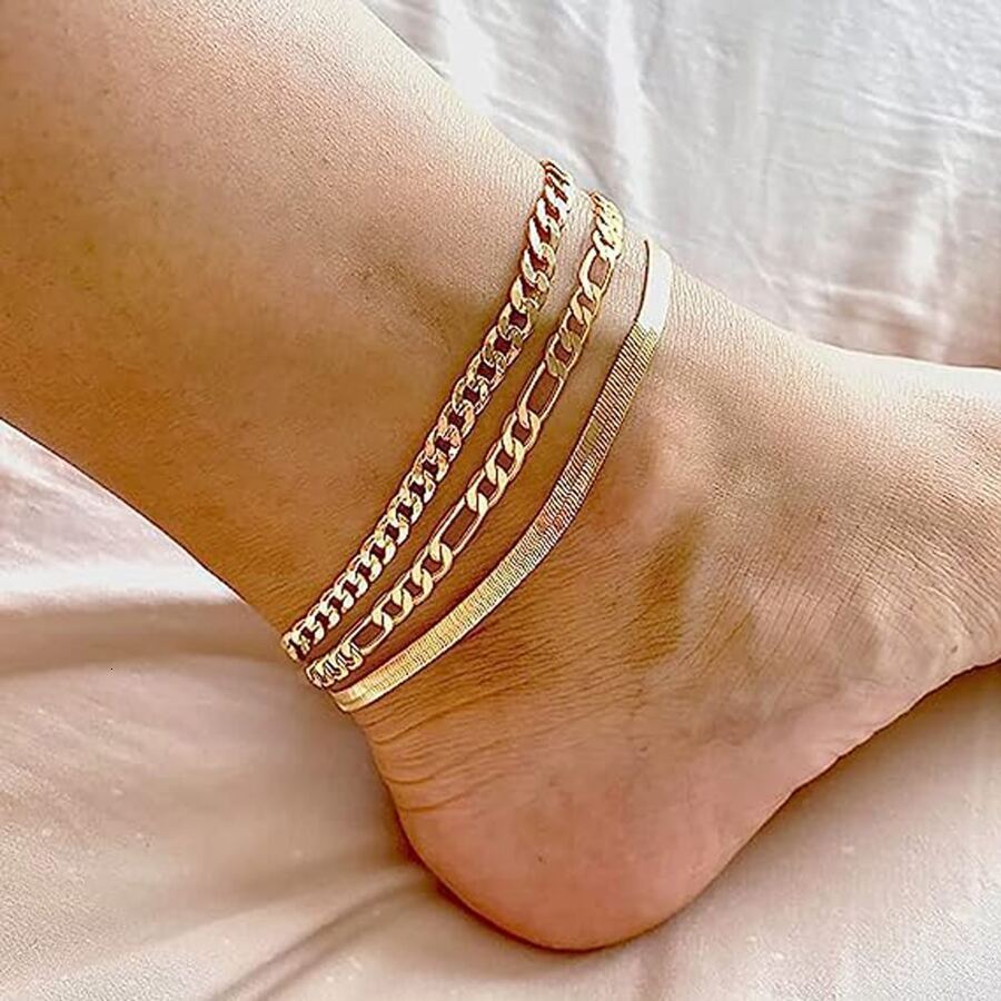 Fashion flat snake chain metal three piece set for chains, women's new versatile foot accessories