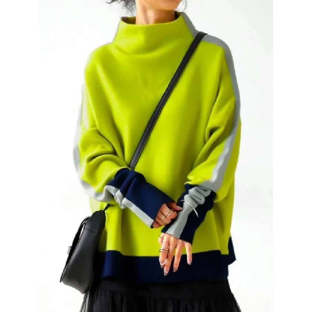 Freeacy Women's Pullover Sweatshirt High Neck Long Sleeve Contrast Color Loose Fit Shirt Top 2025 Spring Fashion Casual Tops Designer