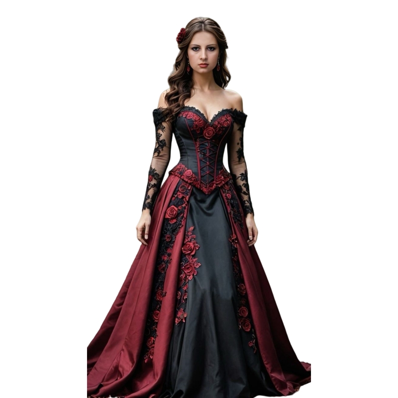 Vintage Dark Red And Black Prom Dress Medieval Vampire Corset Evening Gown Lace Appliques Off Shoulder Long Sleeves Special Occasion Gown For Women 20