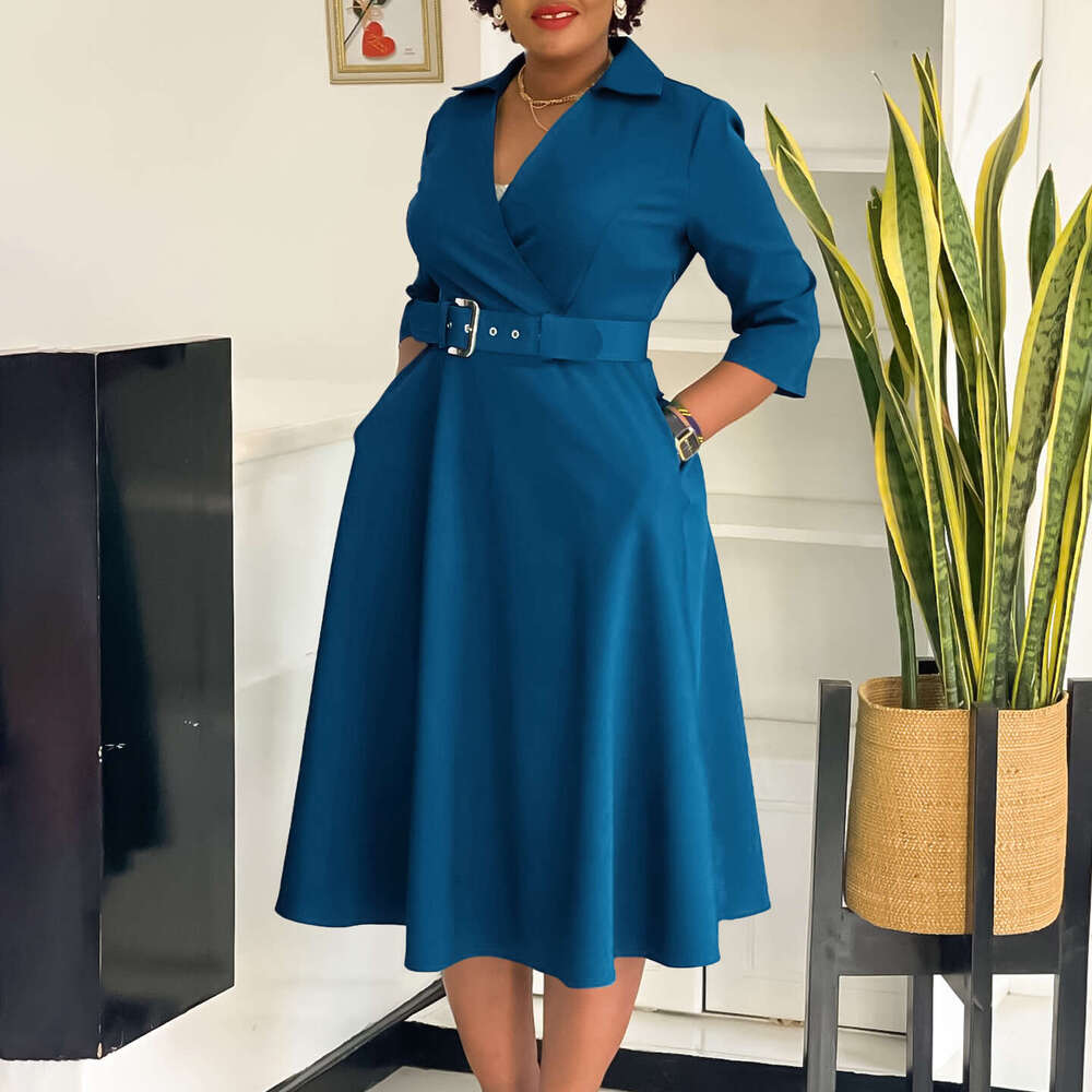 Women's Wear Women's Wear Plus Size Women's Clothing Autumn New Item Lapel Fashionable Temperament Solid Color Large Skirt Dress