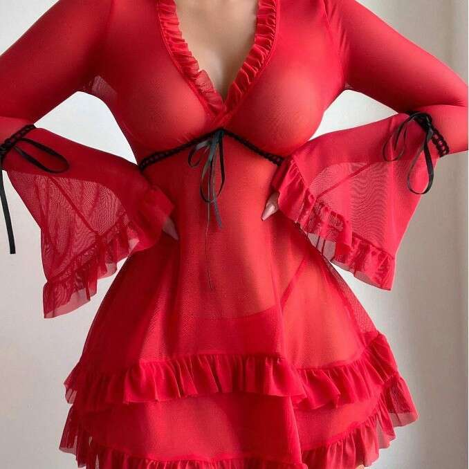 Sexy Lace Lingerie New Lingerie Sexy Women S Lace Mesh Spotted Skirt Nightgown Pajama Set KQ
