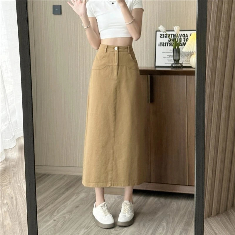REALEFT Vintage Washed Denim Aline Midi Skirts for Women Summer Solid Back Split High Waist Wrapped Womens 250514