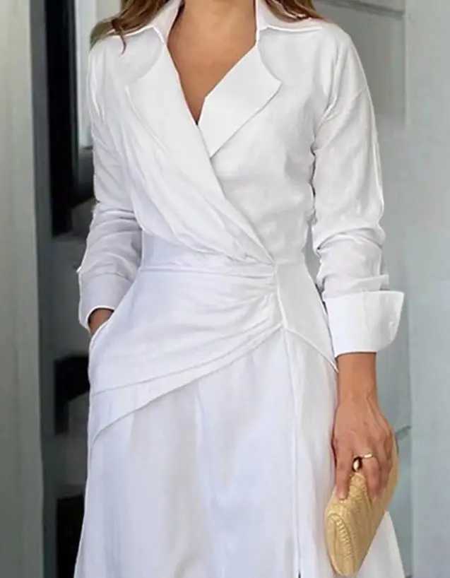 Womens Dresses 2023 Spring Fashion Ruched Slit Asymmetric Casual Notched Collar Plain Long Sleeve Semi-Sheer Maxi Daily DressXJ250514