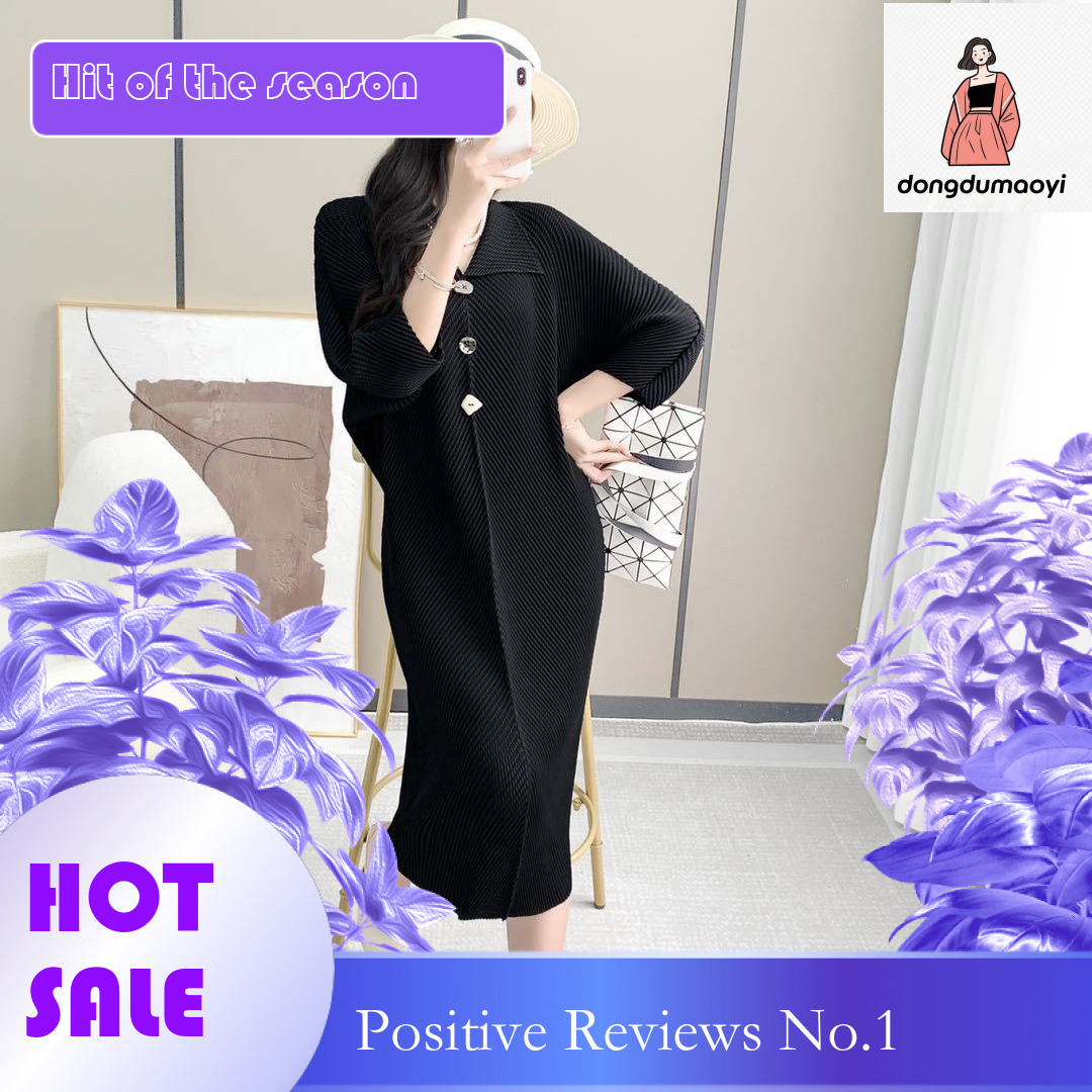 dongdumaoyi Miyake V neck pleated dress for autumn new style with loose three quarter sleeves and oversized temperament mid length skirt children s ou