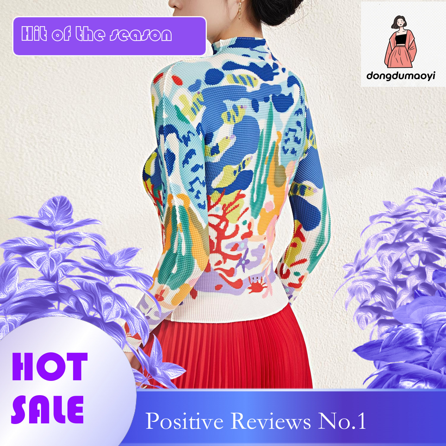 dongdumaoyi Miyake mainline graffiti women's high neck fashionable slim fit top autumn new long sleeved thin T-shirt base shirt for women