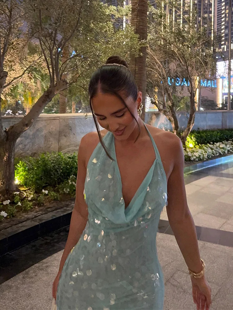 Elegant Sequin Halter Long Dress Women Sexy Bule Backless Sleeveless Slim Asymmetrical Beach Dresses Lady Chic Party Holiday 250514