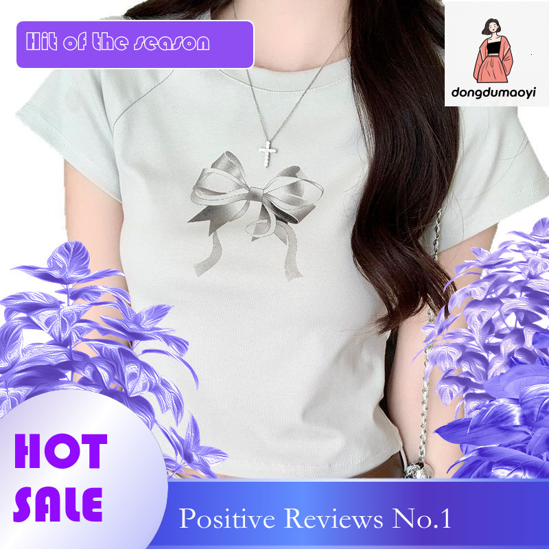 dongdumaoyi Bow print sleeved t-shirt for women's summer 2025 new design, niche round neck tight fitting short top trend
