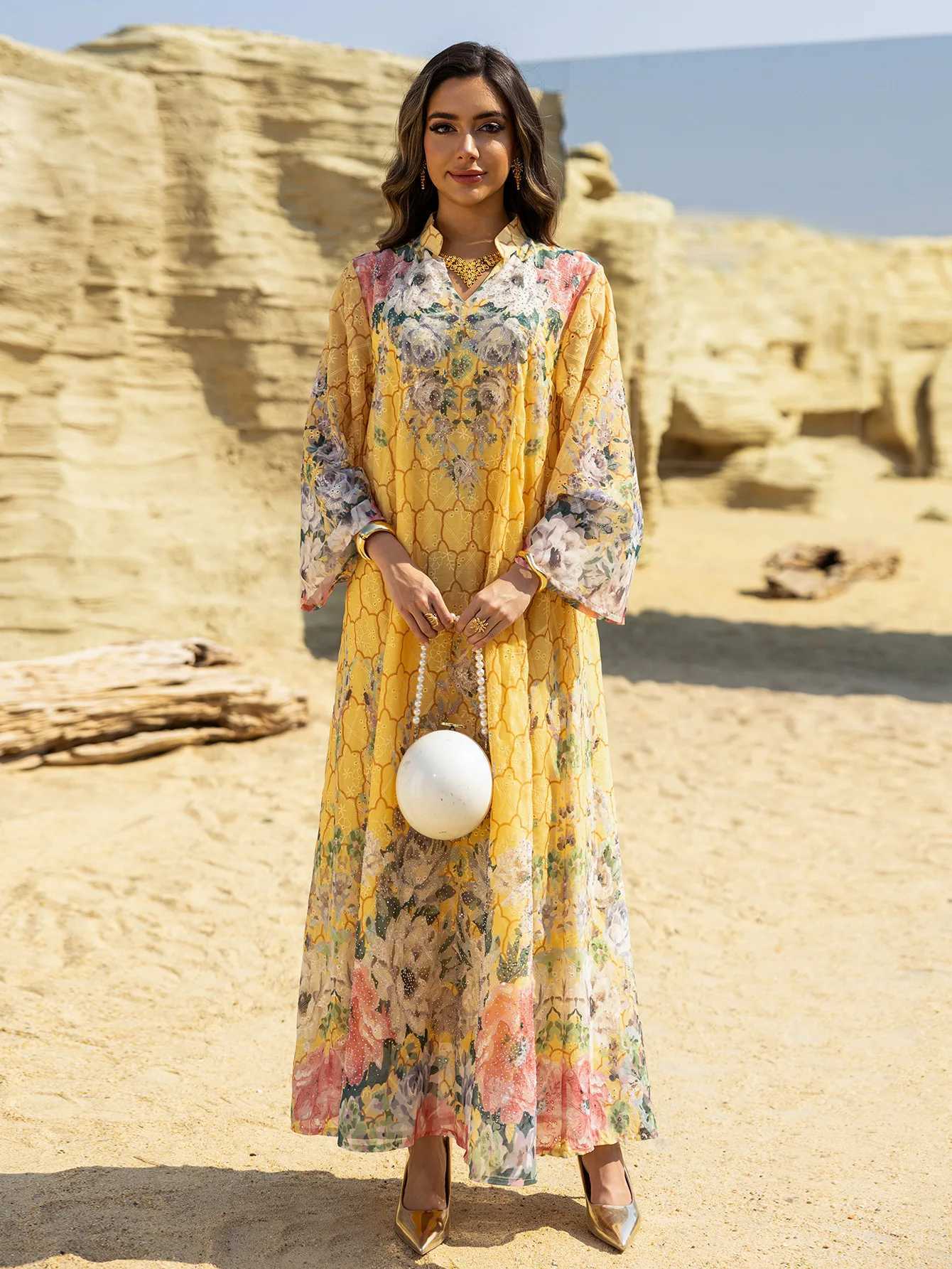 Eid Print Dress for Women Abaya Beading Party Long Dresses Muslim Caftan Robe Jalabiya Ramadan Morocco Dubai 2025 Vestido Largos X2505141