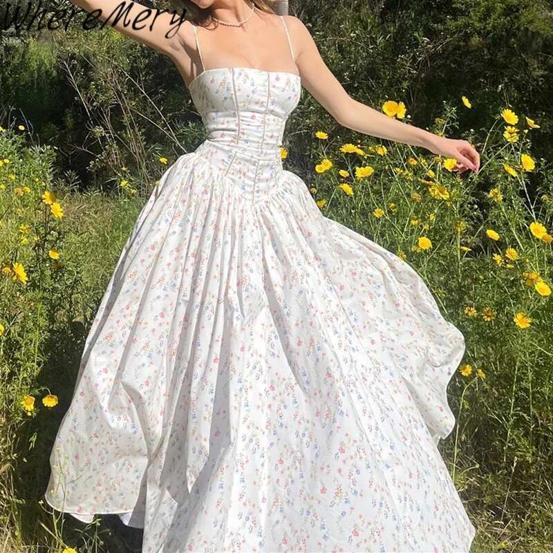 WhereMery Sexy Elegant Floral Print Long Dresses Y2K Off Shoulder Sleeveless Halter Maxi Dress 2025 Summer Casual Women Vestidos