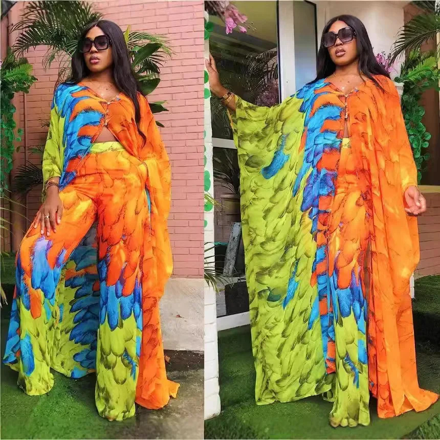 Plus Size African Womens Clothing High Quality Digital Printing Chiffon Cardigan LooseFit Trousers 2Piece Se 250506
