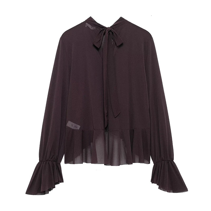 Willshela Women Fashion Brown Back Bow Lace Up Ruffled Pleated Pullover Blouse Vintage ONeck Female Chic Lady Shirts 250514