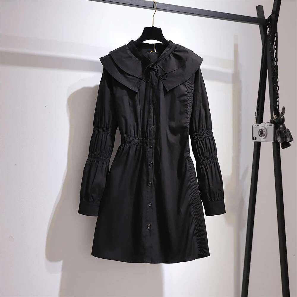 Plus size women's spring and autumn casual dress black cotton fabric comfortable breathable lace decoration cardigan skirt