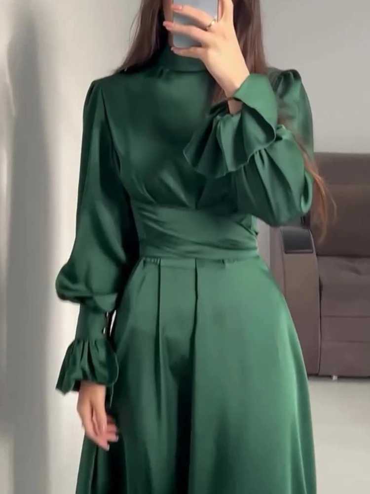 Eid Satin Muslim Dress for Women Abaya Party Dresses Ramadan Lace-up Islam Flare Slve Vestidos Largo Dubai Arab Long Robe 2024 X250514