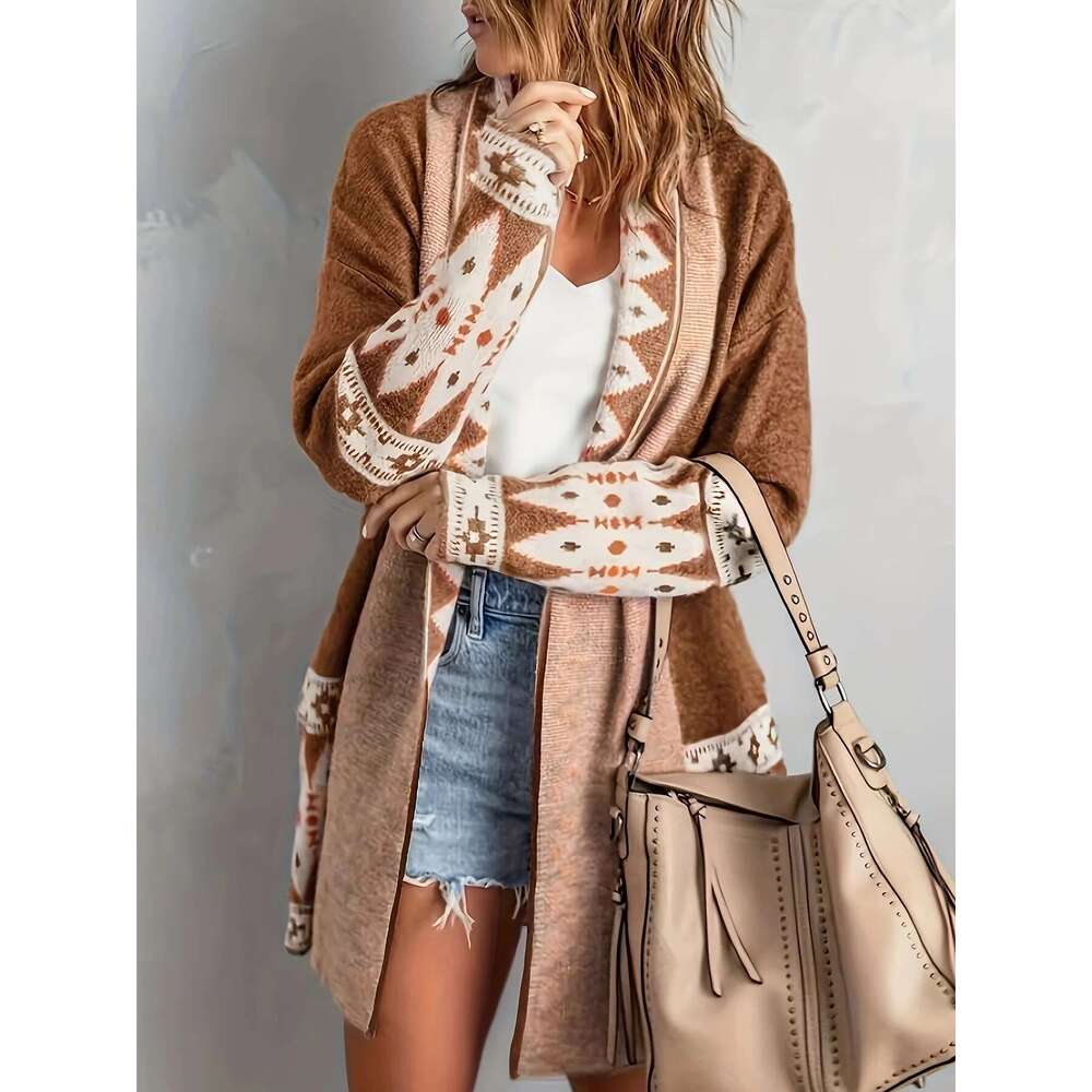 Sweater for Women, Boho Geometric Print Cardigan Sweater, Loose Mid-Length Knitted Jacket