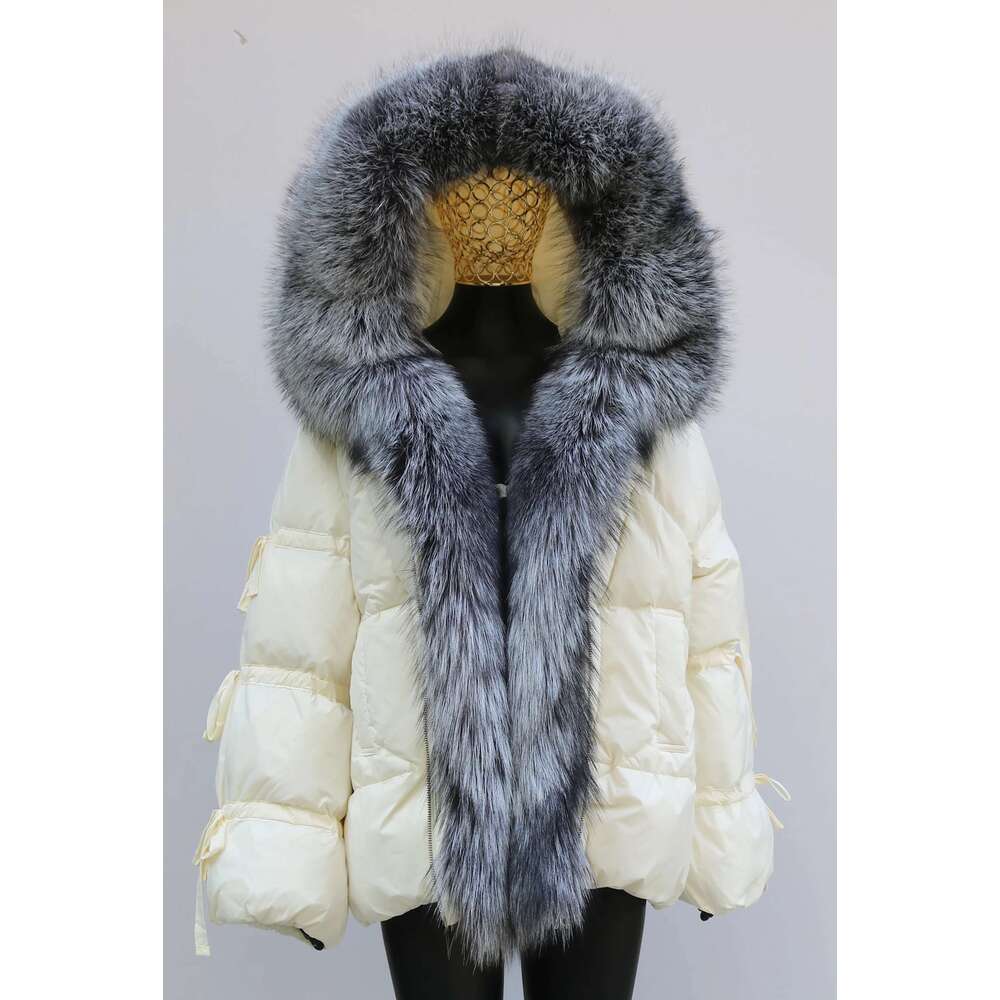 Women's Winter Duck Jacket Genuine Fox Fur Hooded Down Coat Bread Outerwear Fashion Elegant Lantern Bow Sleeve