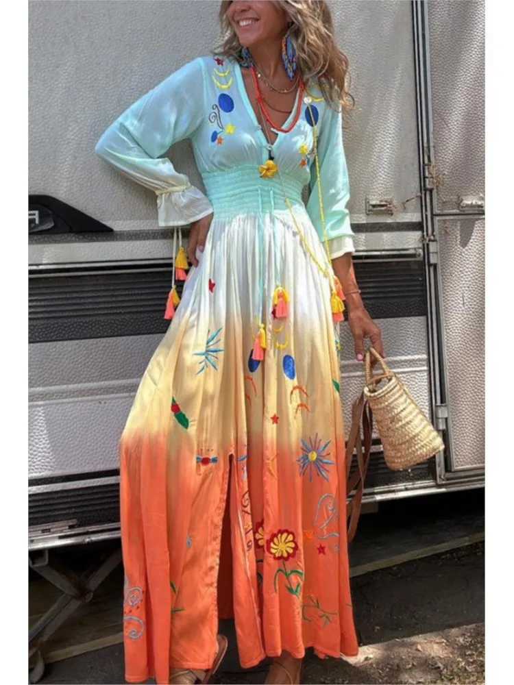Flower Gradient Print Long Dresses Women Fashion V-neck Long Sleeve Tassel A-line Slit Dress Beach Vacation Vestidos Female NewXJ250514