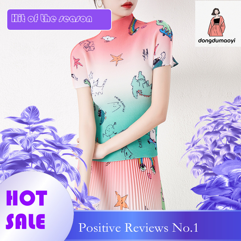 dongdumaoyi Miyake 2025 Summer New Commuter Cartoon Printed T-shirt, Half Skirt Set, Folded Women's Wear Set