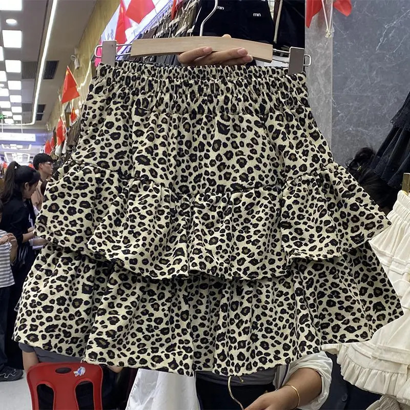 Womens Vintage Leopard Short Skirt sweet Girls Tiered Elastic Waist Pleated Mini Chic Retro Ladys ALine 250514