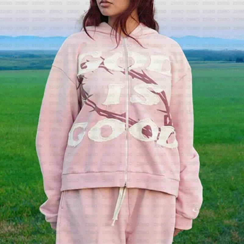 Mens Hoodies Gothic High Street Letter God Is Good Embroidered Zipper Hoodie Hooded Jacket Harajuku Hip-hop Casual Top