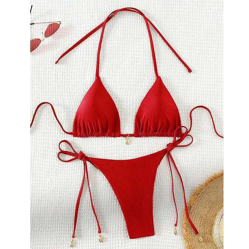 2 Pcs/Set Bikini Sexy Bikinis Bathing Suit Solid Color Halter Neck Strap Thong Women Swimsuit Set for Beach Swimwear