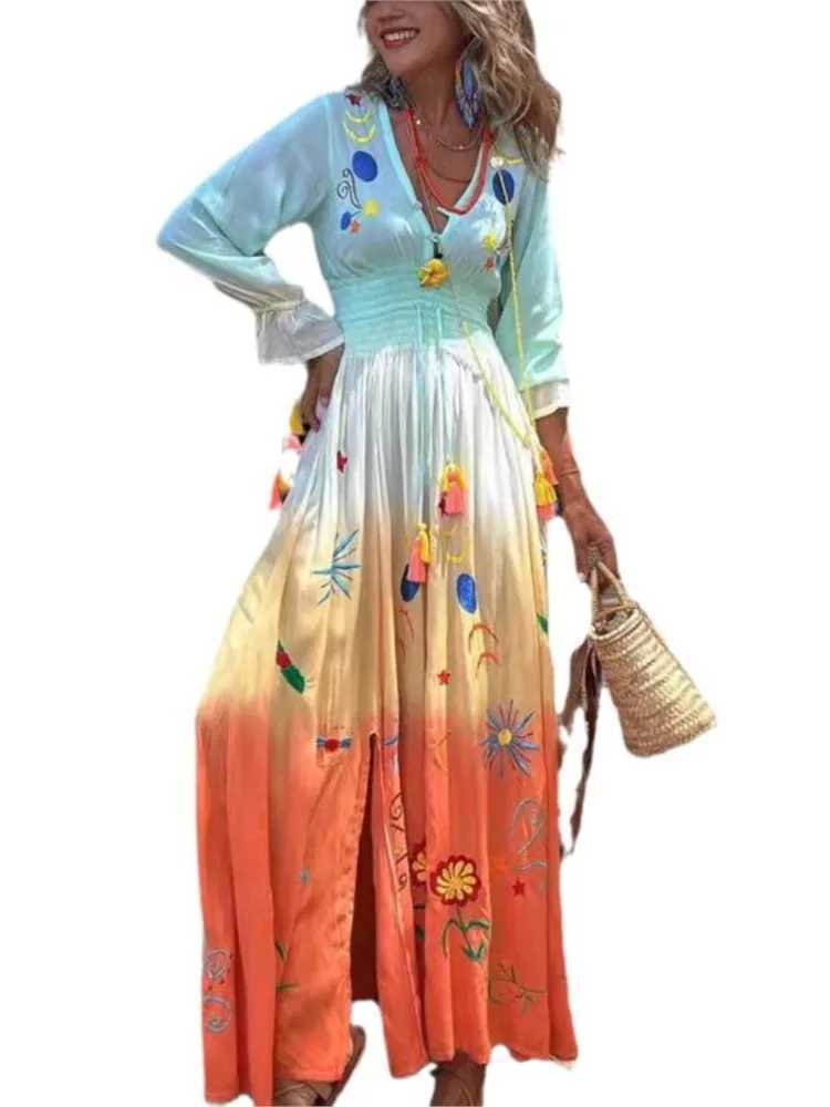 Flower Gradient Print Long Dresses Women Fashion V-neck Long Sleeve Tassel A-line Slit Dress Beach Vacation Vestidos Female NewXJ250514