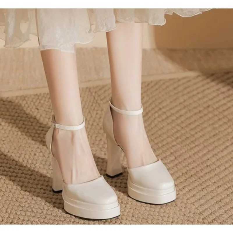 French waterproof platform high heels womens summer one-line buckle patent leather thick heel shoes 11cm apricot tall sandals W250514