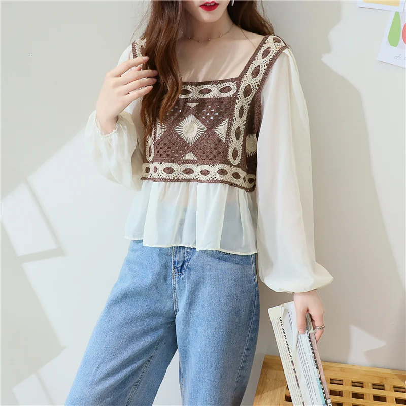Women Blouse Crochet Knit Square Neck Chiffon Sleeve Geo y Crop Tops Summer Teengirls Fairycore Cottagecore Outfit 250514
