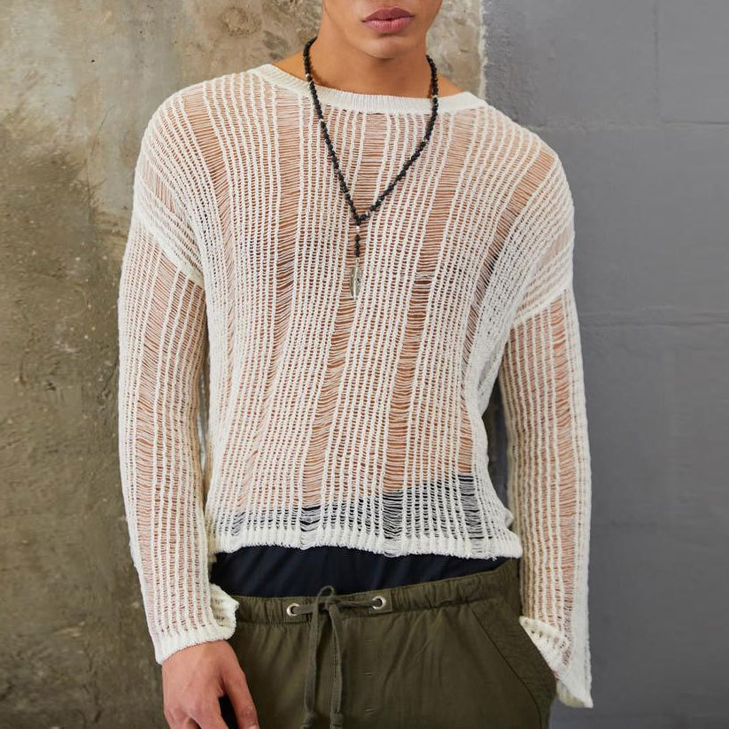 Men's T Shirts Elastic hollow slightly transparent sweater for men, long sleeved loose and versatile knitted sweater