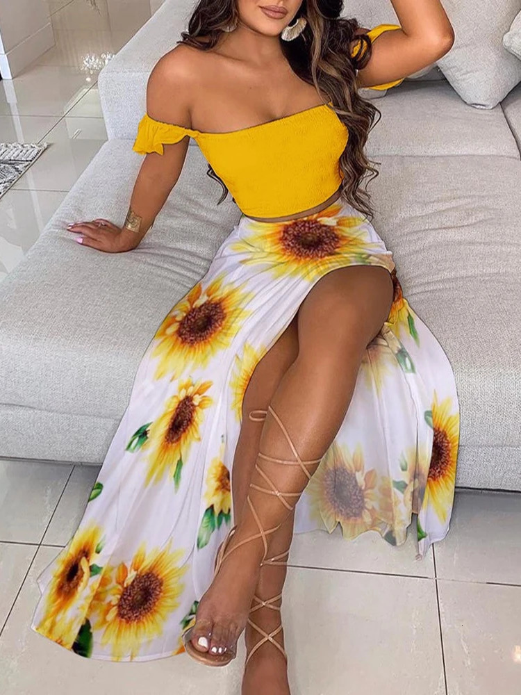 2-Piece Boho Chic Ensemble Off-Shoulder Smocked Tube Top Floral High-Waist Split Maxi Skirt Summer Women Casual Wear Dress Sets 250513