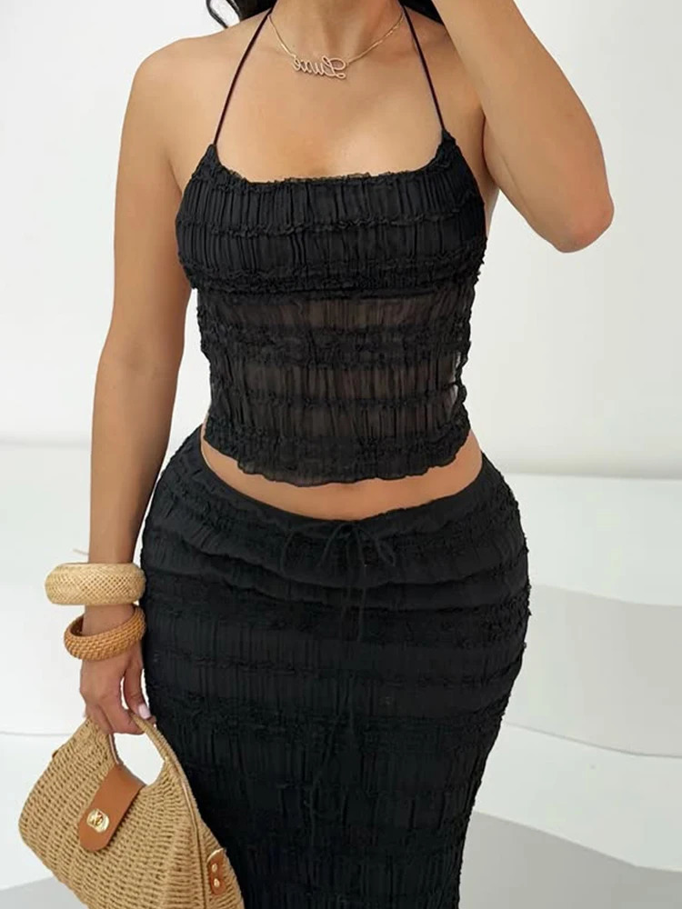 Weird Puss Mesh Backless 2 Piece Set Women Halter LaceUp See Through Crop TopsLoose Elegant Long Skirts Vacation Trend Outfits 250514