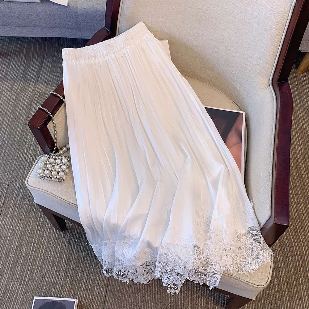 Summer new plus size women's white satin lace hem half-body loose classic versatile medium-length skirt sweet fairy style