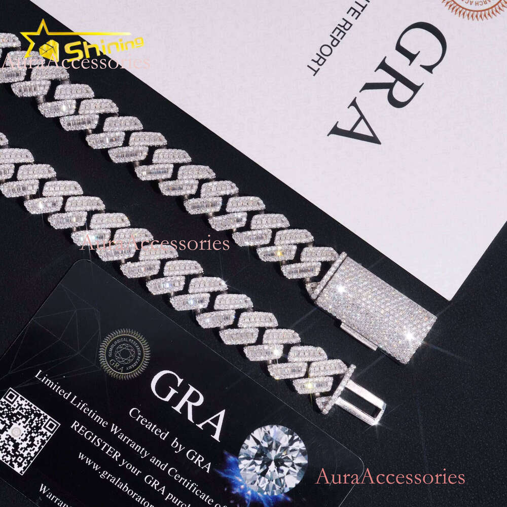 High Quality 12mm Solid Sterling Sier Men Hip Hop Jewelry Iced Out Baguette VVS Moissanite Cuban Link Chain Necklaces