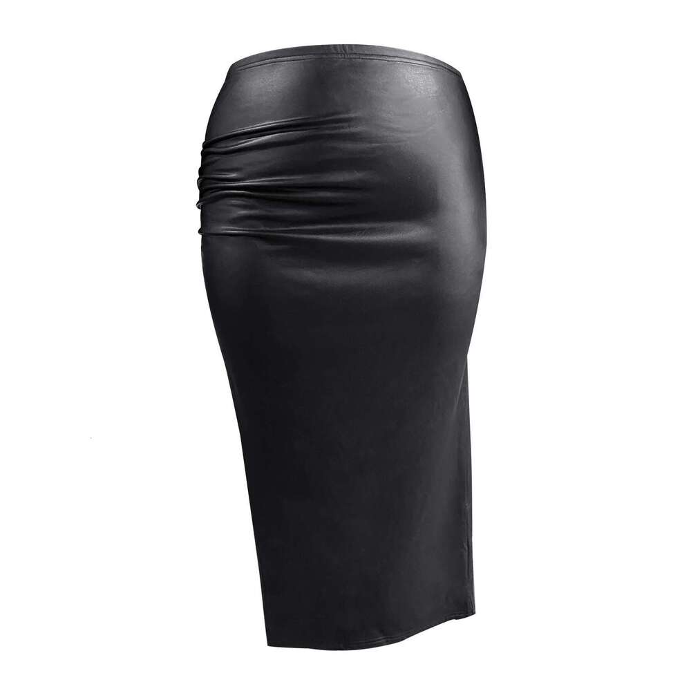 LW Plus Size Faux Leather Turtleneck Thigh Slit Skirt Set black long sleeve skinny Top + Asymmetric midi skirt sets