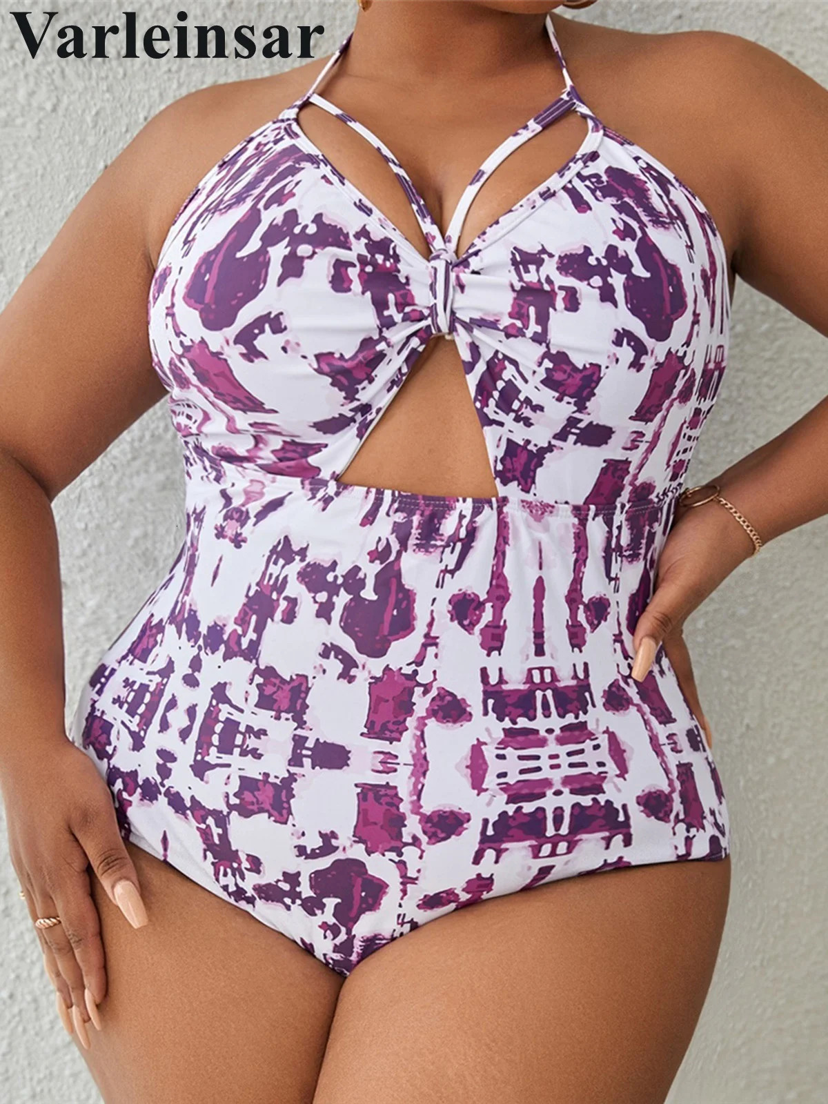 0XL - 4XL Printed Cut Out Halter Large Size Swimwear Plus Size One Piece Swimsuit Female Women Bather Bathing Suit Swim V6758 250509