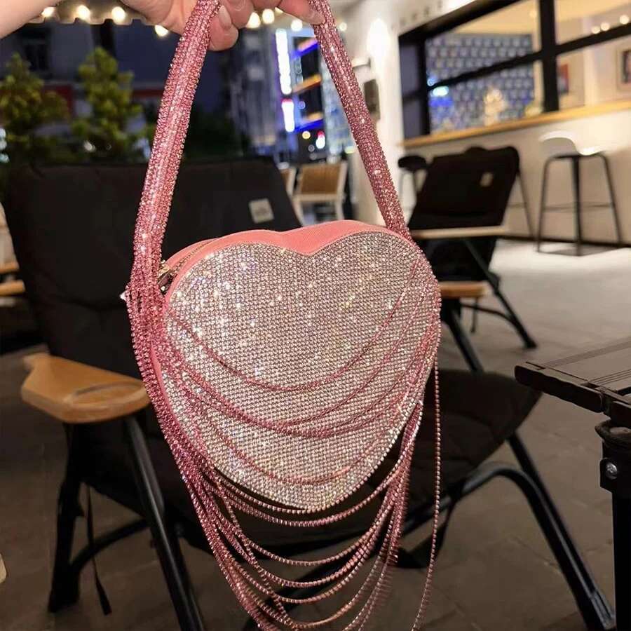 Dias Shiny Tassel Heart-Shaped Evening Small Clutch Purse One Side Rhinestones Shoulder Bags Party Wedding handbags Sac