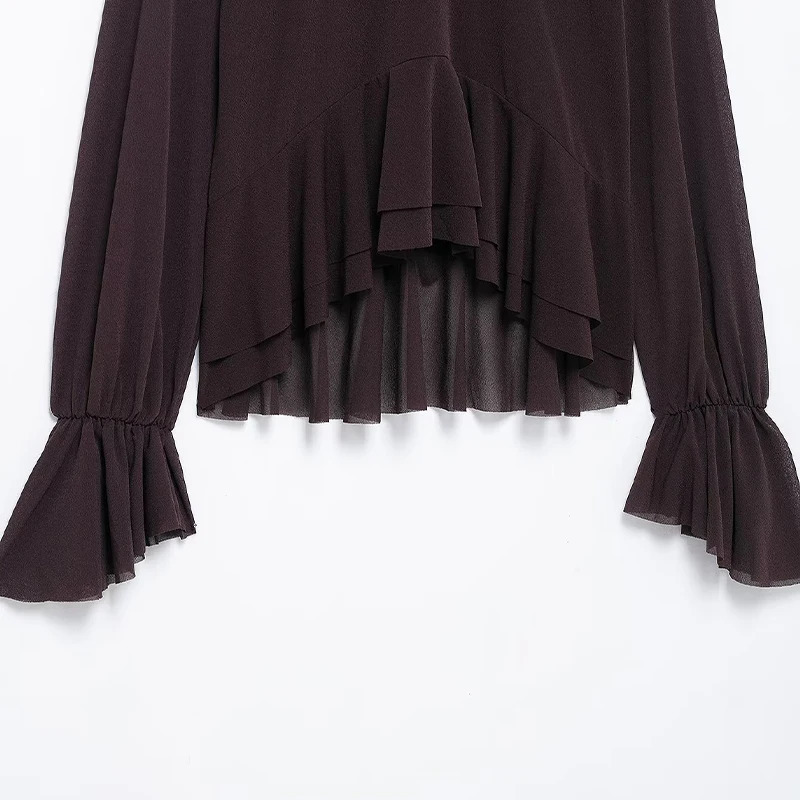 Willshela Women Fashion Brown Back Bow Lace Up Ruffled Pleated Pullover Blouse Vintage ONeck Female Chic Lady Shirts 250514