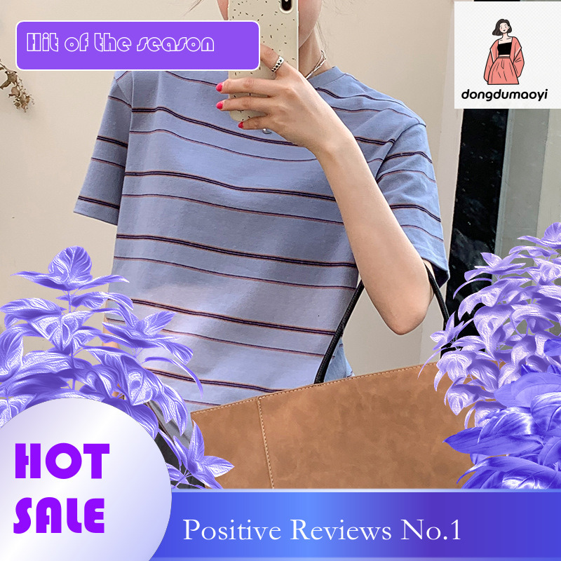 dongdumaoyi Summer fashion brand American striped short for women, round neck loose half sleeved top, thin sea soul shirt T-shirt
