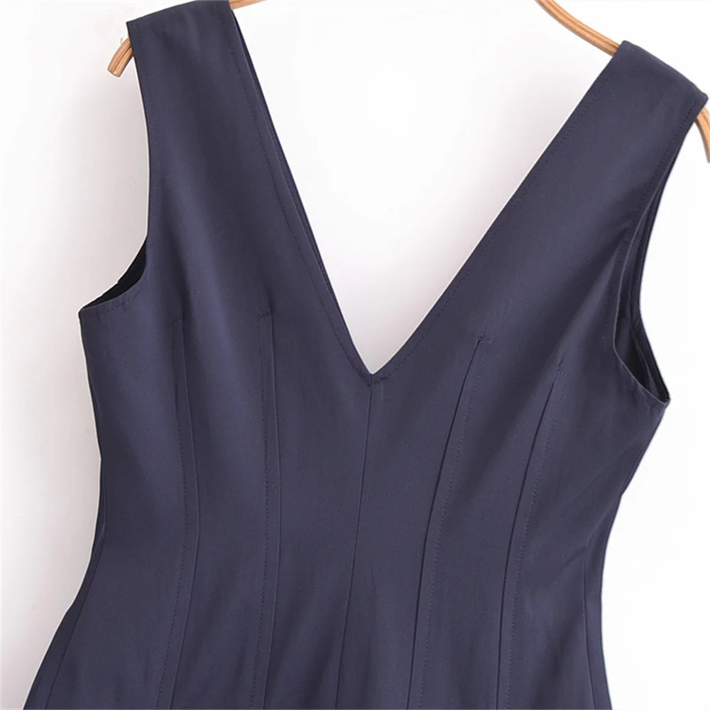 UNIZERA Womens Zipper Vneck Midi Dress Solid Color Decoration SpringSummer Casual Wear 250514