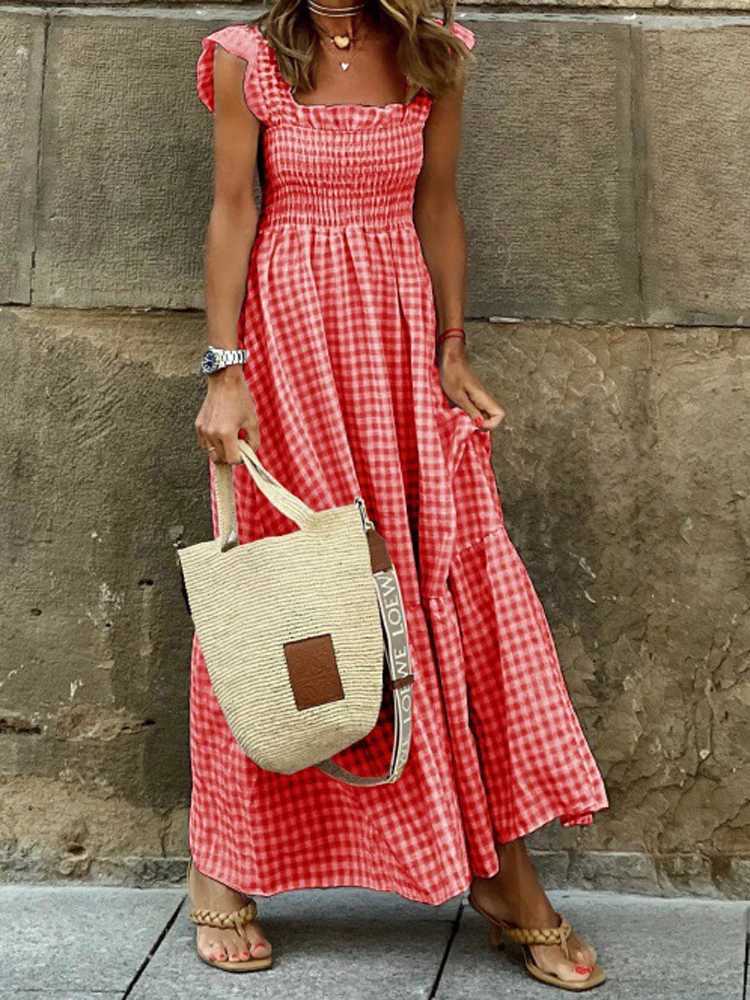 Elegant Plaid Slip Maxi Long Dress Summer Women Strapless Ruffle Backless Pleated Elastic Waist Boho Party Swing Loose DressesXJ250514