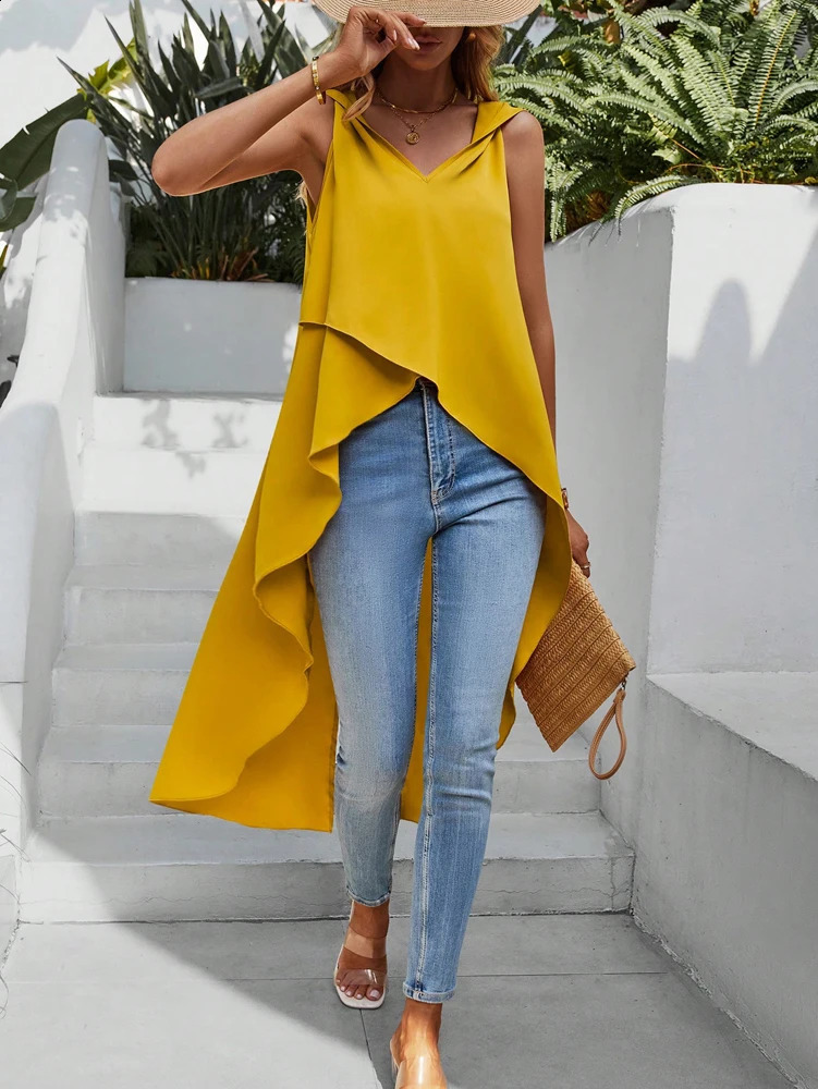 Plus Size Womens 2025 Summer Wrap Edge Sleeveless Top High Low Hem Tank V Neck Solid Colour Stylish 250506