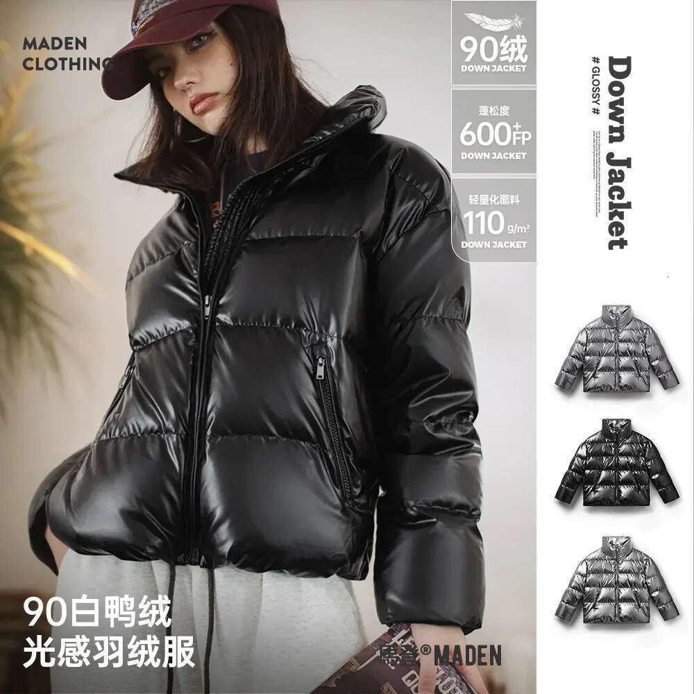 Maden Casual Shiny 90% White Duck Down Short Stand-Up Collar Warm Puffer Jacket For Women Fall And Winter Thickened Coat