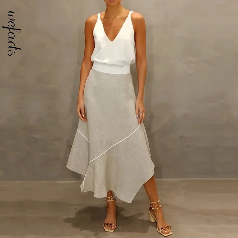 Wefads Women Two Piece Set Summer Casual Solid V Neck Sleeveless Suspender Nipped Waist Vest Top Loose Irregular Skirt Sets 250514