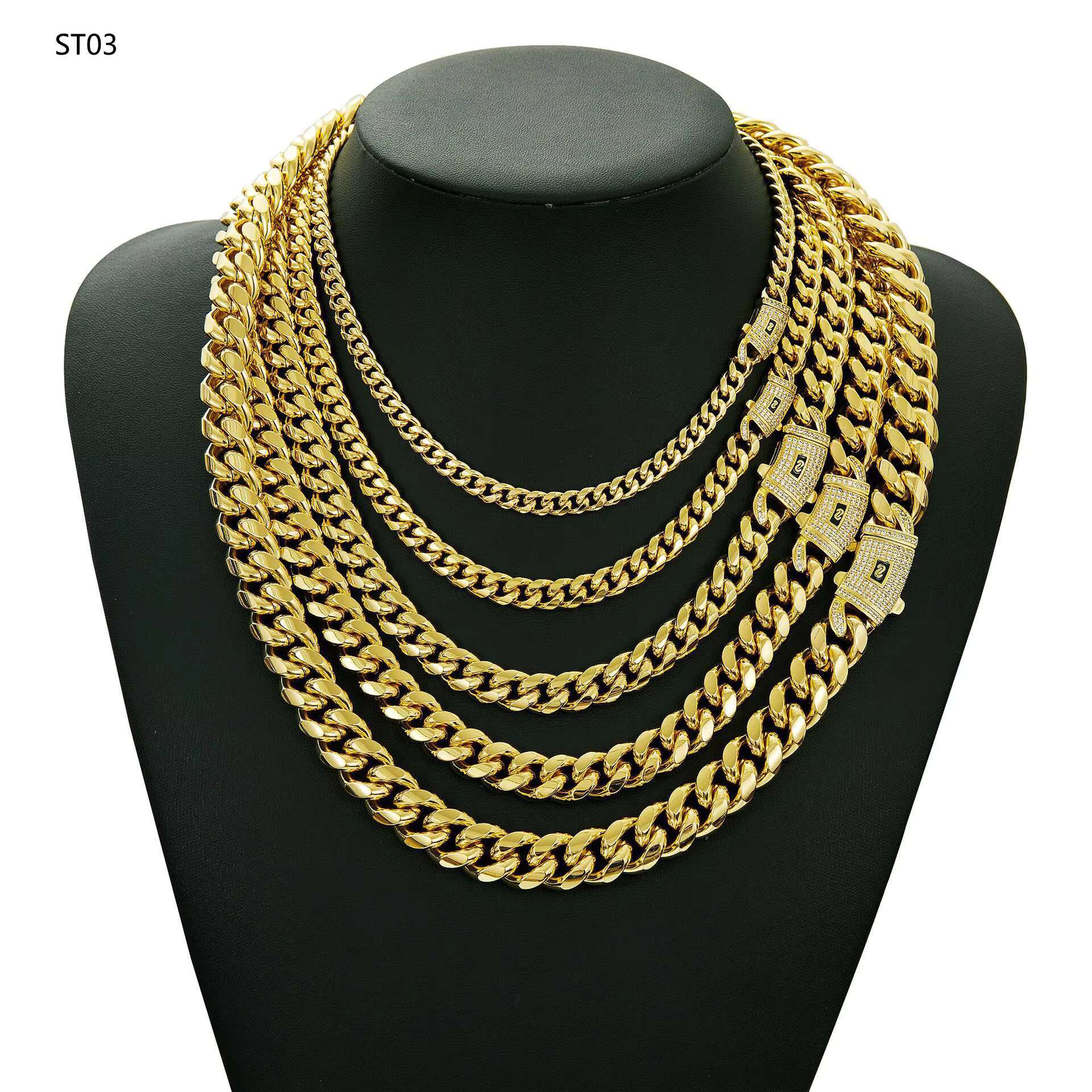 Wholesale 14K 18K Gold PVD Stainless Steel Cuban Link Necklace Men 6mm-10mm Miami Curb Spring Clasp Zircon Pearl Main Stone Gold