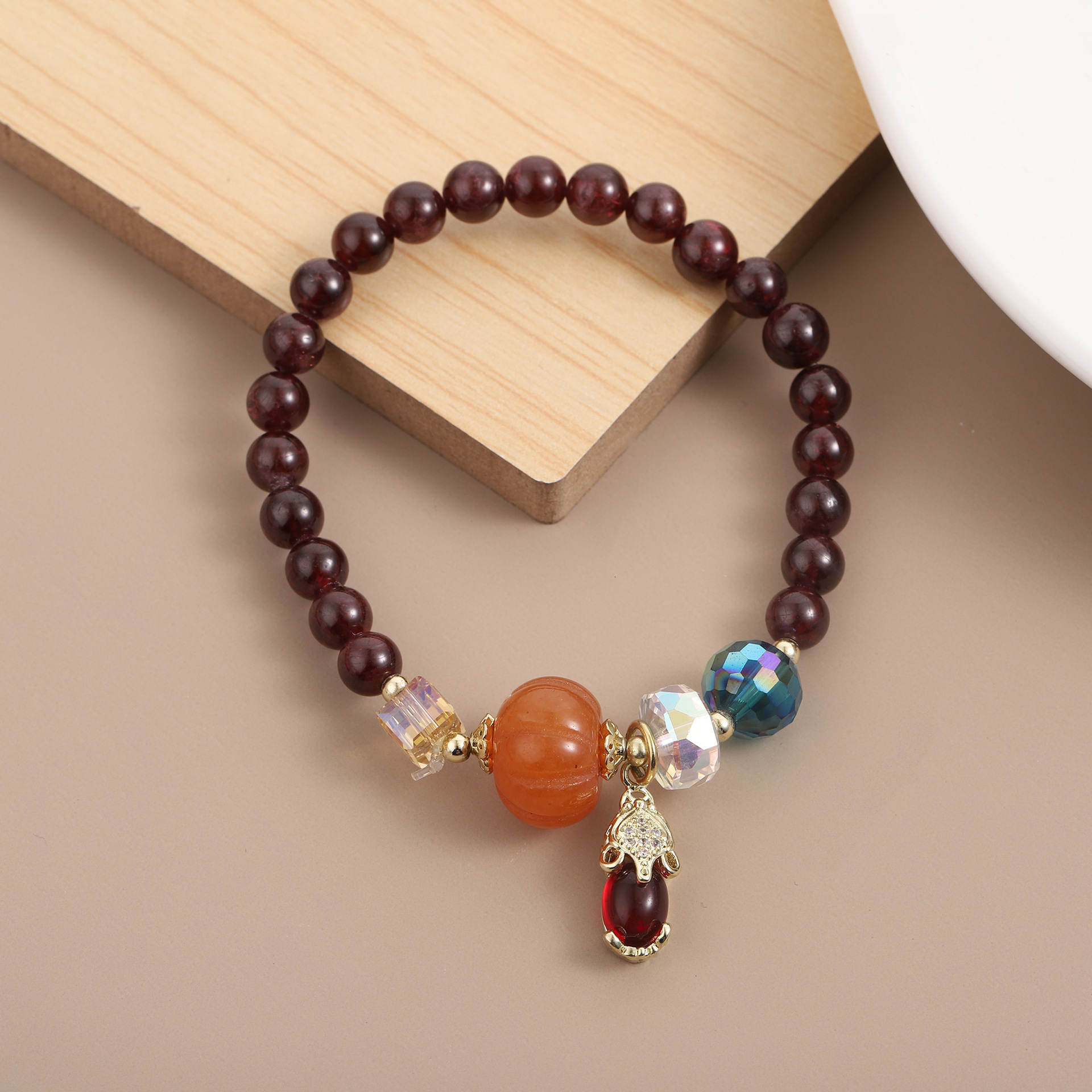 Straight Color Garnet Pumpkin Jade Marrow Women's Clear New Beaded Bracelet Cute Pixiu Crystal Pendant