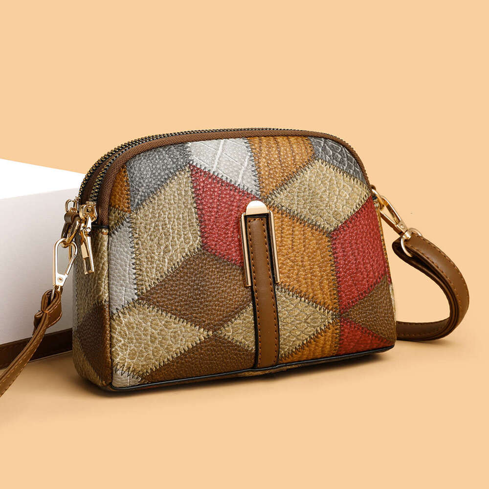 2025 Color blocked Splicing Versatile National Style Double Zipper Single Shoulder Crossover Change Phone Bag New Casual Fashion Trend
