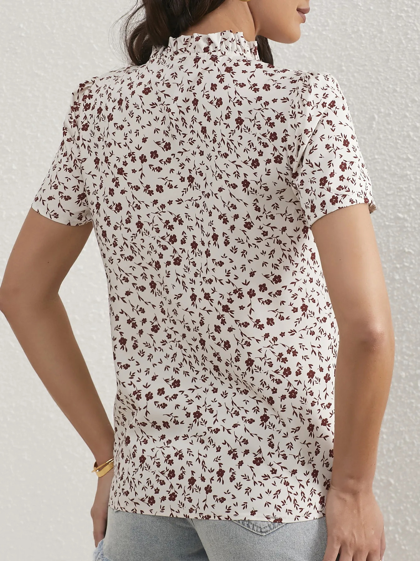 Ladies Ditsy Floral Frill Trim Notch Neck Puff Sleeve Blouse Women Tops Shirts 250514