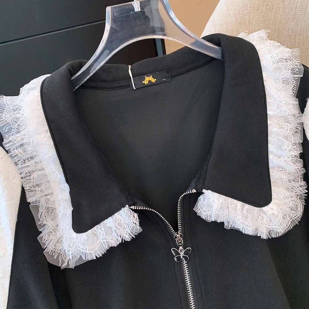 Spring Autumn Plus Size Women's Lapel Lace Edge Black and White Splicing Jacket Casual Loose Commuter Long Sleeve Top