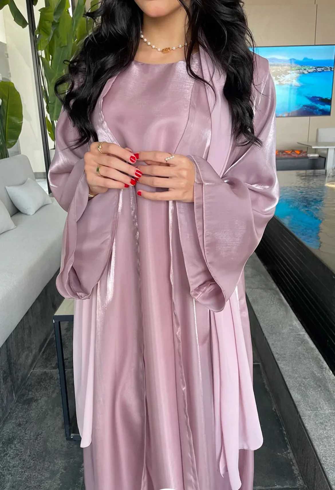 Women Eid Muslim Sets 2 Piece Dress Shiny Satin Dubai Abayas Ka Jalabiya Turkey Kaftan Ramadan Islam Clothing Robe Vestidos X250514